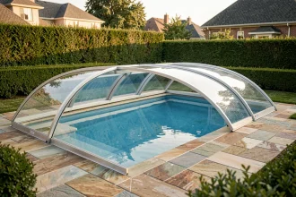 Abri de piscine moderne en polycarbonate couvrant un bassin résidentiel dans un jardin soigné
