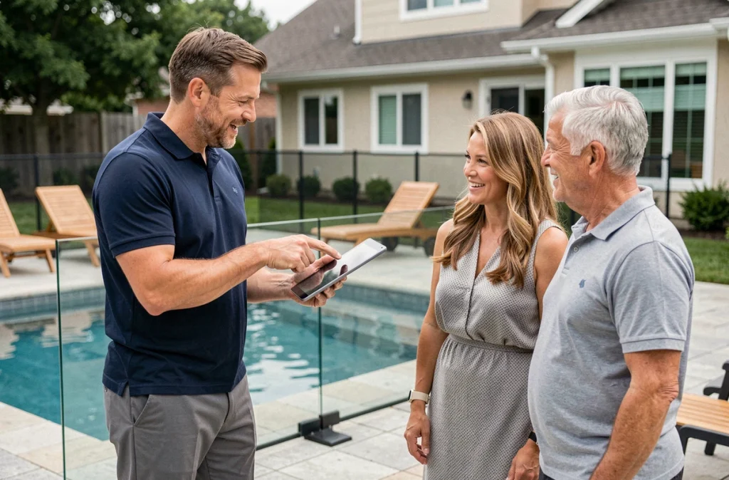Agent d'assurance expliquant une couverture de garantie piscine à des propriétaires au bord de leur bassin sécurisé