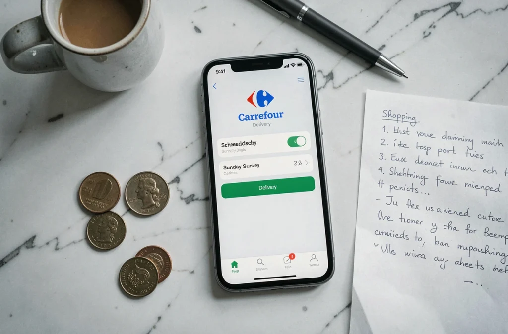 Smartphone affichant l'application Carrefour avec un créneau de livraison du dimanche sélectionné sur un plan de travail en marbre