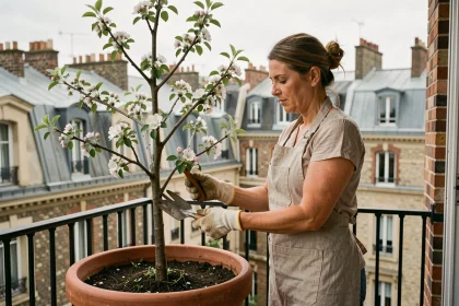 Femme entretenant un pommier nain en pot sur un balcon urbain parisien
