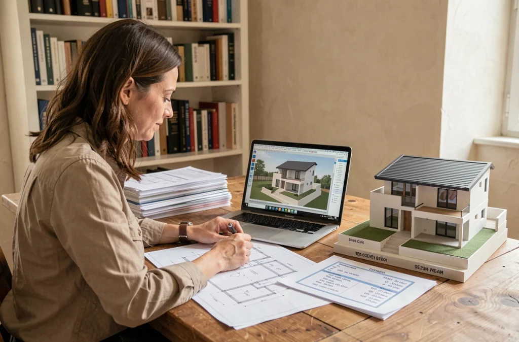 Architecte étudiant les plans et le budget d'une surélévation de maison avec maquette et documents de chiffrage