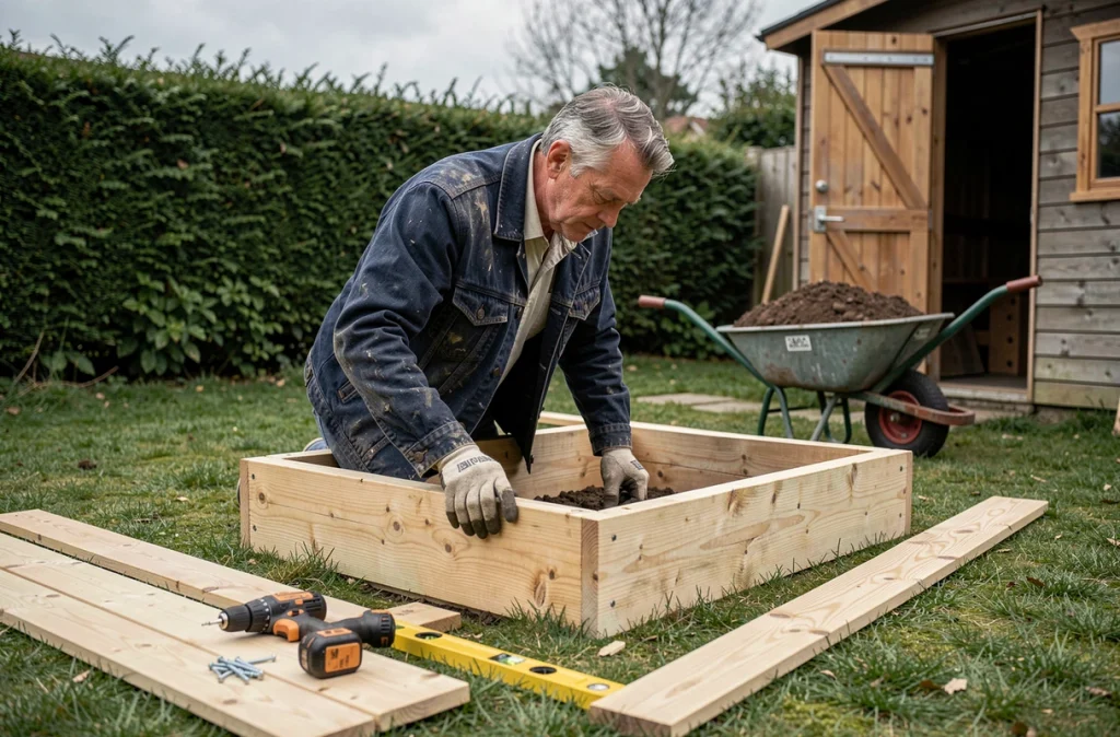 Homme assemblant un potager surélevé en bois dans un jardin lors d'un projet DIY