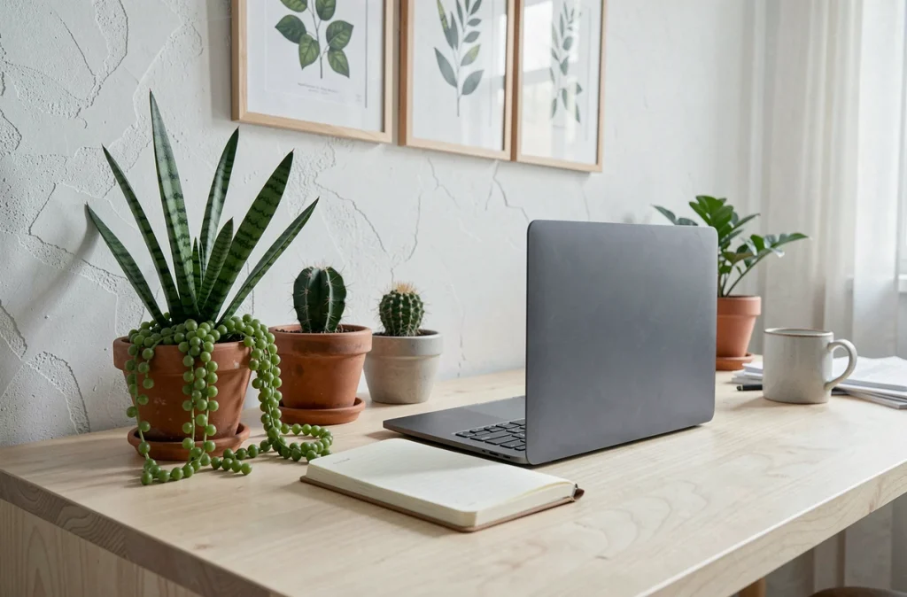 Bureau à domicile décoré de petites plantes d'intérieur variées autour d'un ordinateur portable sur un bureau en bois clair