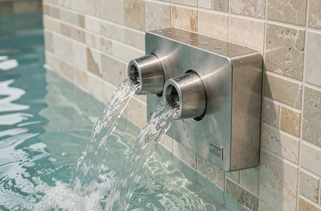 Gros plan sur la buse en inox d'un système de nage à contre-courant encastrée dans un mur de piscine carrelé
