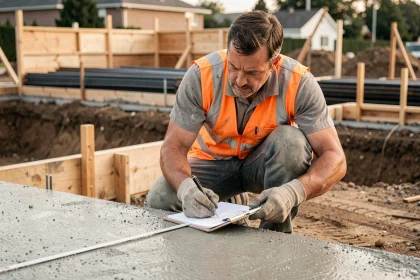 Ouvrier mesurant un volume de béton coulé sur un chantier de construction avec un mètre ruban et un bloc-notes