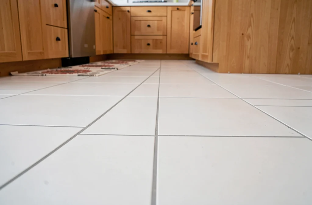 Sol de cuisine entièrement carrelé avec des grands carreaux blancs mat et joints gris parfaitement alignés