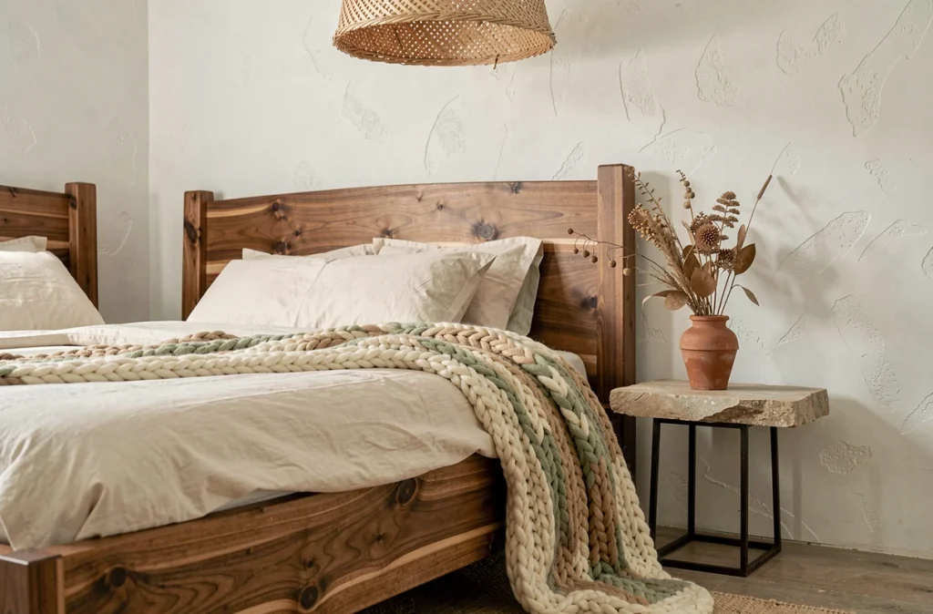 Chambre à coucher décorative avec cadre de lit en noyer, plaid en laine chunky et table de chevet en pierre brute sur socle en fer
