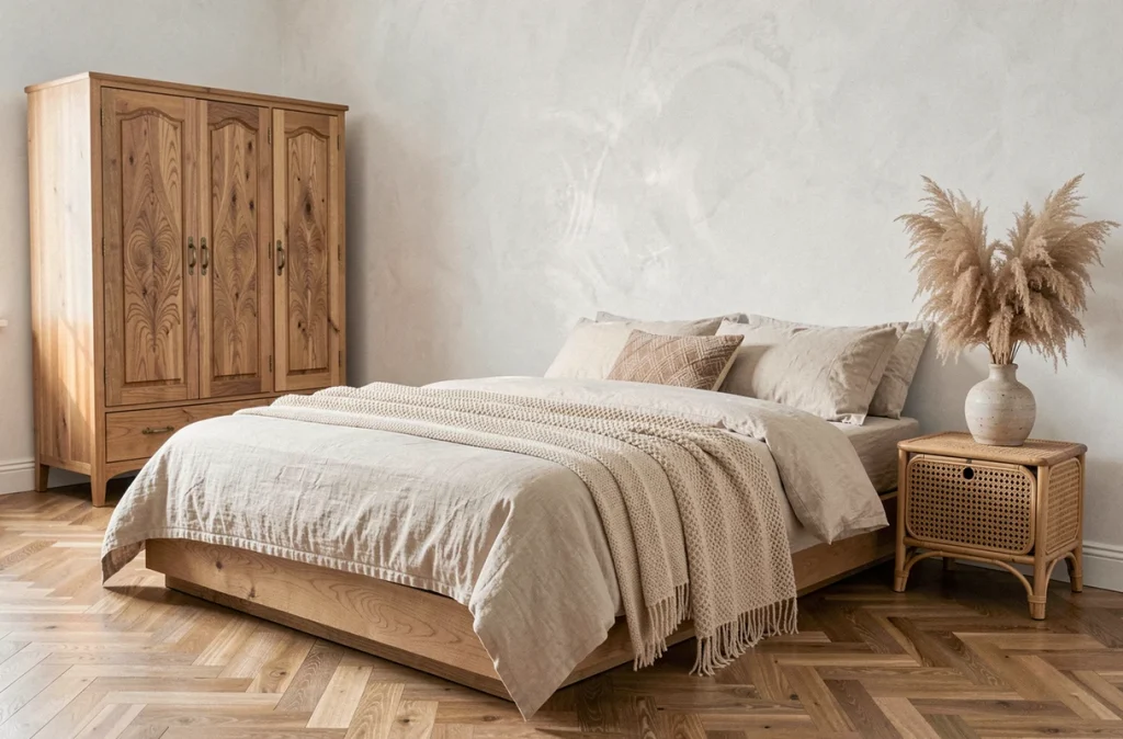 Chambre mêlant style scandinave et bohème avec lit bas en lin, table de chevet en rotin et armoire en bois sculpté