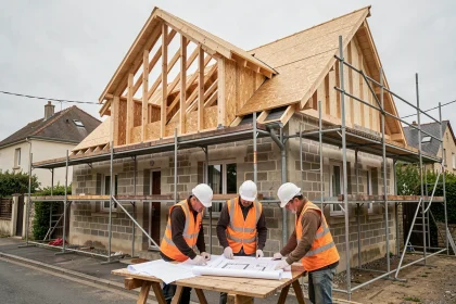 Chantier de surélévation d'une maison individuelle avec ossature bois et échafaudage en banlieue résidentielle