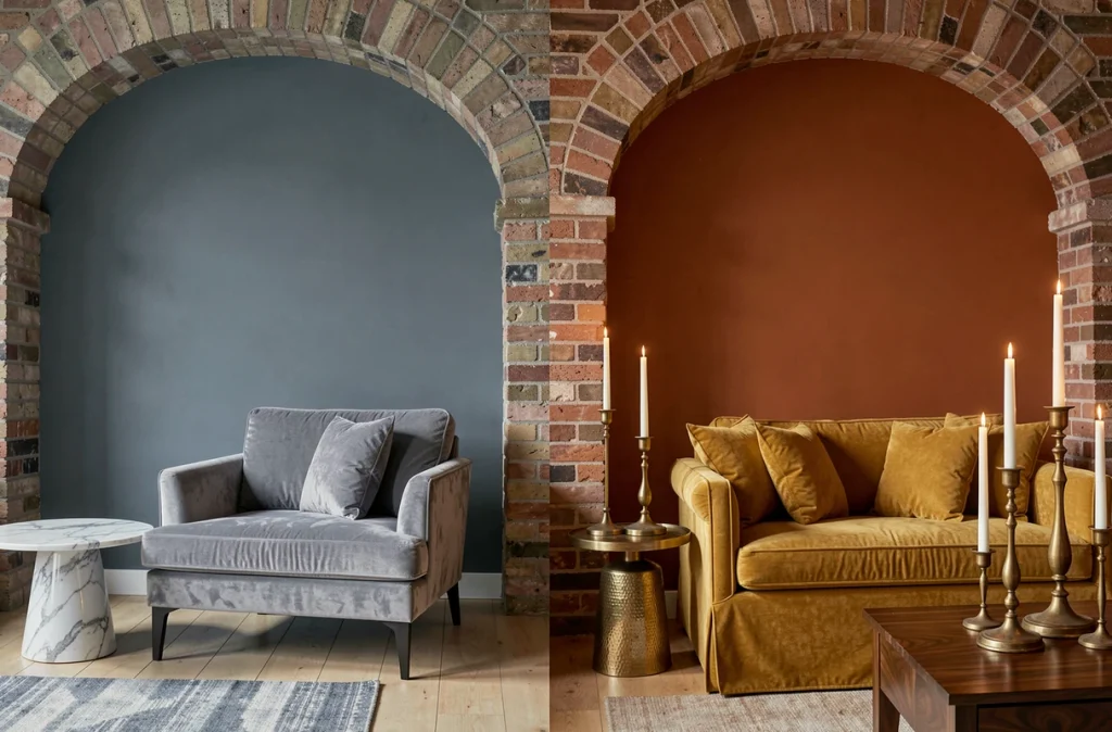 Comparaison de deux ambiances de salon aux palettes de couleurs contrastées, froide contre chaude, pour illustrer l'impact chromatique sur la décoration