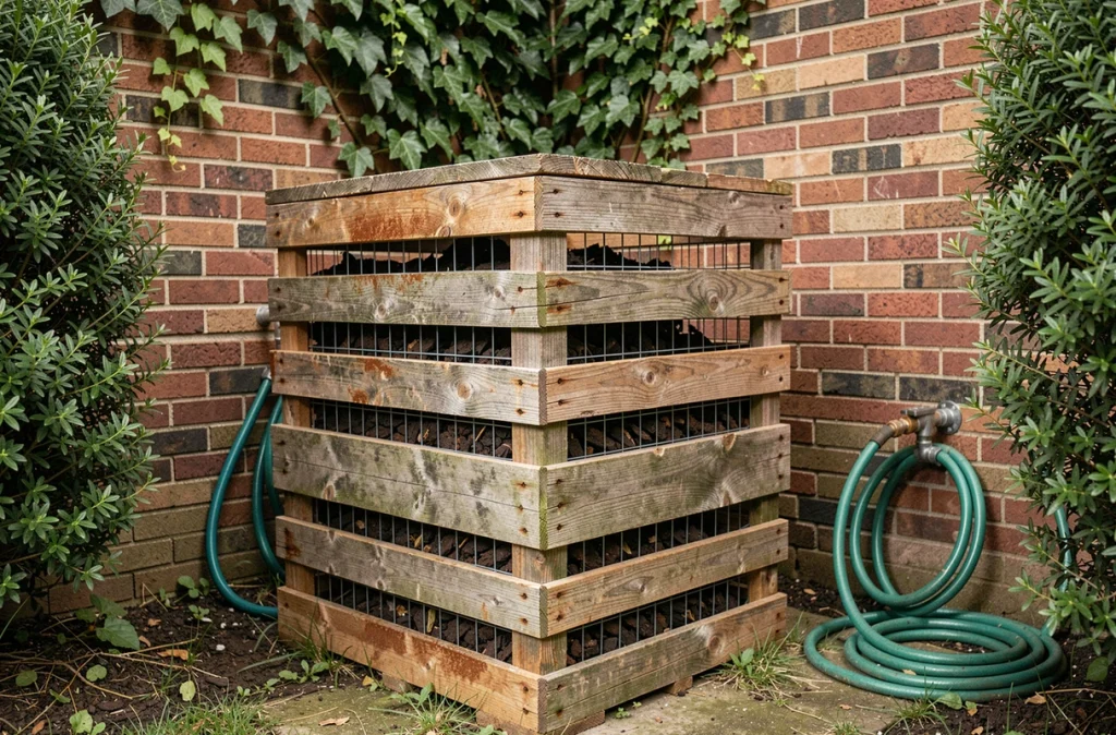 Composteur DIY terminé en bois récupéré et grillage dans un jardin avec du compost mûr visible