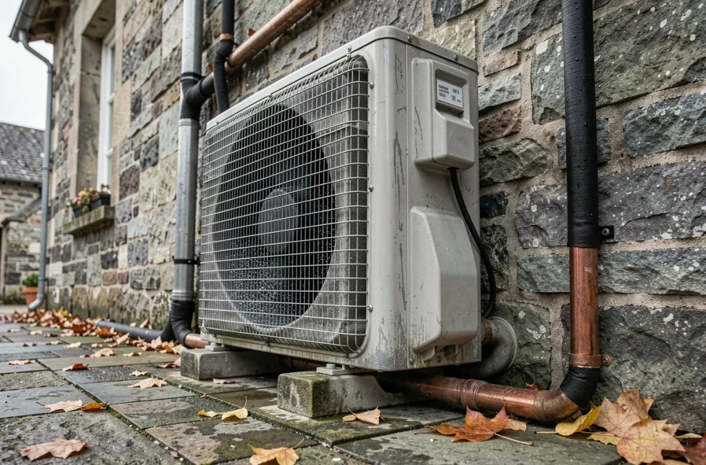 Détail du compresseur d'une pompe à chaleur air-eau installée sur une terrasse en pierre de maison de campagne