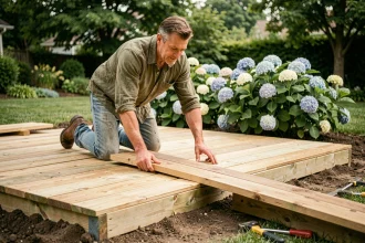 Homme posant des lames de bois sur une terrasse en construction dans un jardin verdoyant