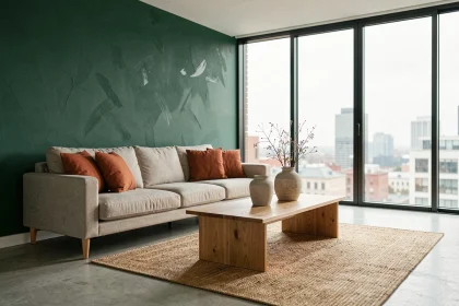 Salon moderne avec mur vert émeraude et coussins terracotta illustrant l'impact des couleurs sur l'ambiance intérieure