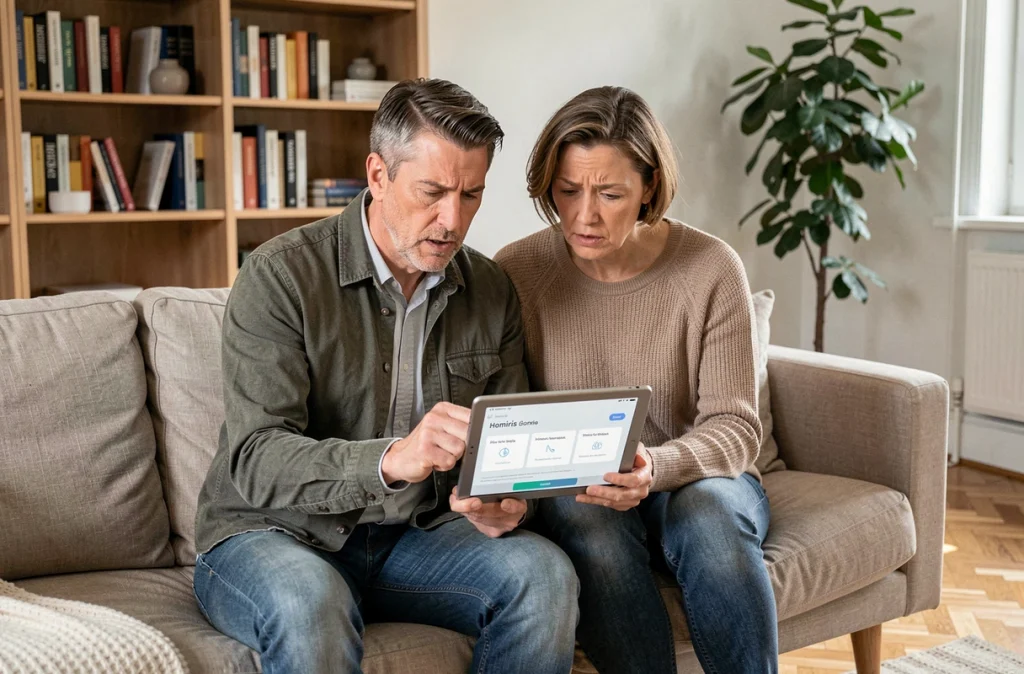 Couple consultant l'application mobile du système d'alarme Homiris sur une tablette dans leur salon contemporain