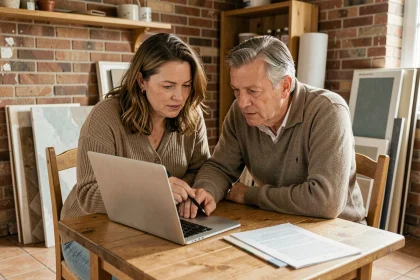 Couple belge consultant des devis de rénovation en ligne sur un ordinateur portable à la maison