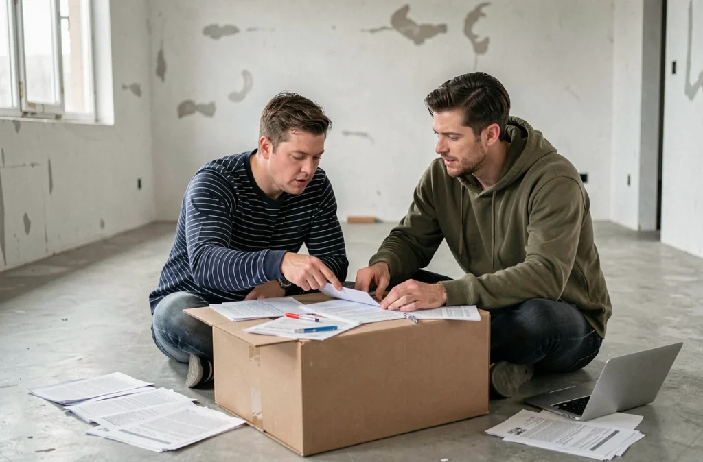 Couple vérifiant ensemble les documents administratifs dans un appartement vide avant de rendre les clés