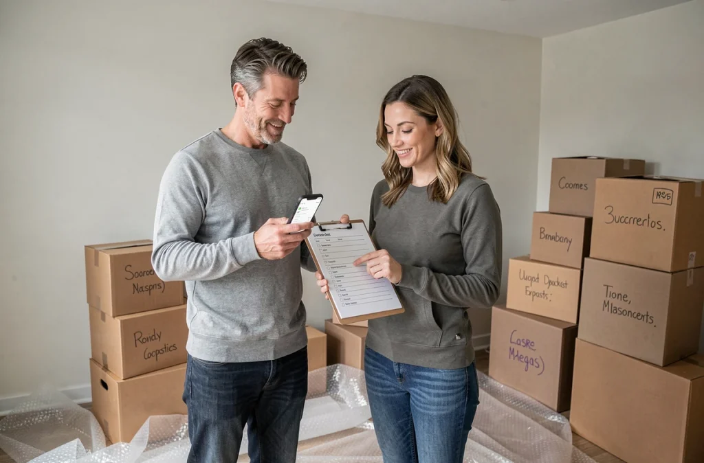 Couple gérant le transfert de leurs contrats d'énergie lors d'un déménagement avec cartons et smartphone