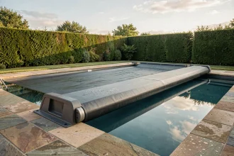 Piscine résidentielle avec couverture automatique à enrouleur partiellement déployée pour limiter l'évaporation de l'eau