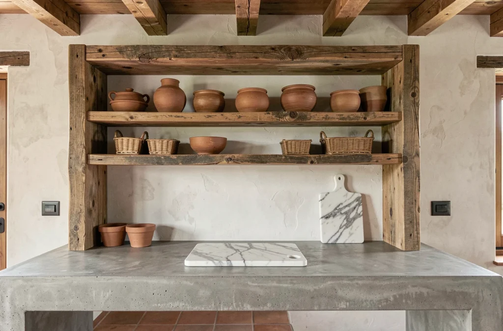 Étagères en bois recyclé avec poteries artisanales en grès, paniers en osier et plan de travail en béton dans une cuisine rustique moderne