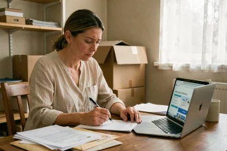 Femme effectuant ses démarches administratives avant un déménagement, entourée de documents et cartons