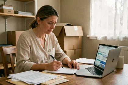 Femme effectuant ses démarches administratives avant un déménagement, entourée de documents et cartons