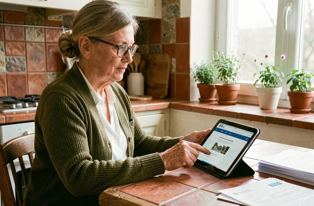 Femme effectuant ses démarches de changement d'adresse en ligne sur une tablette depuis sa cuisine