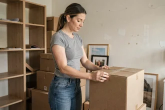 Femme qui emballe ses affaires dans des cartons lors d'un déménagement seul dans son appartement