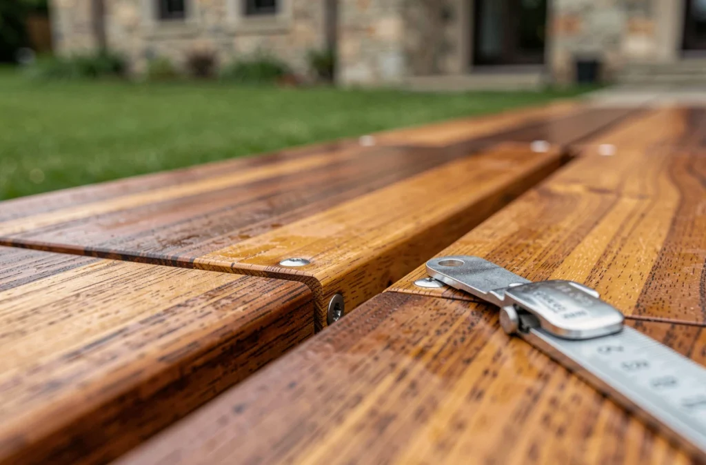 Gros plan sur les lames et fixations d'une terrasse en bois huilé de qualité