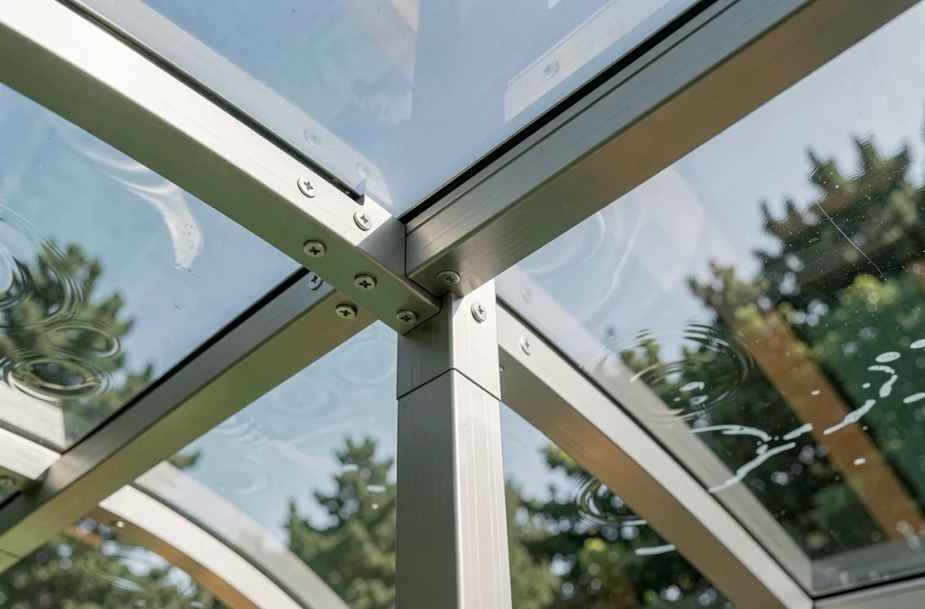 Détail de la structure en aluminium et panneau polycarbonate d'un abri de piscine courbé