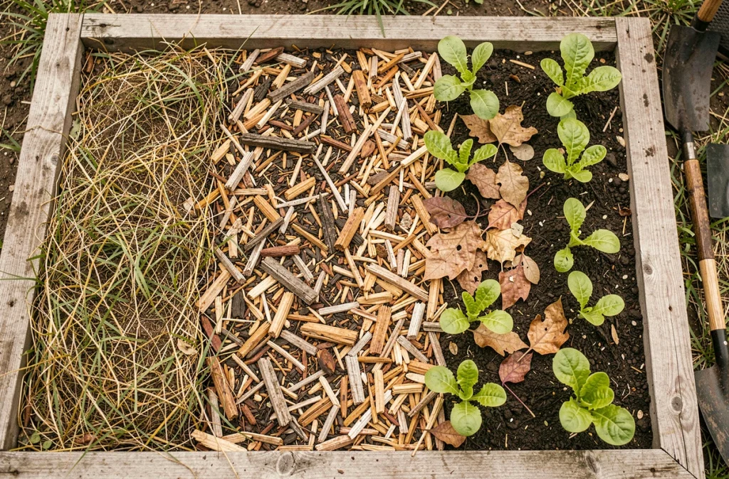 Vue aérienne d'un carré potager avec différents types de paillage naturel, copeaux de bois, tontes de gazon et feuilles mortes, autour de jeunes plants de légumes