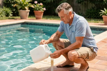 Homme dosant la javel pour une piscine extérieure en mesurant la quantité dans un gobelet gradué