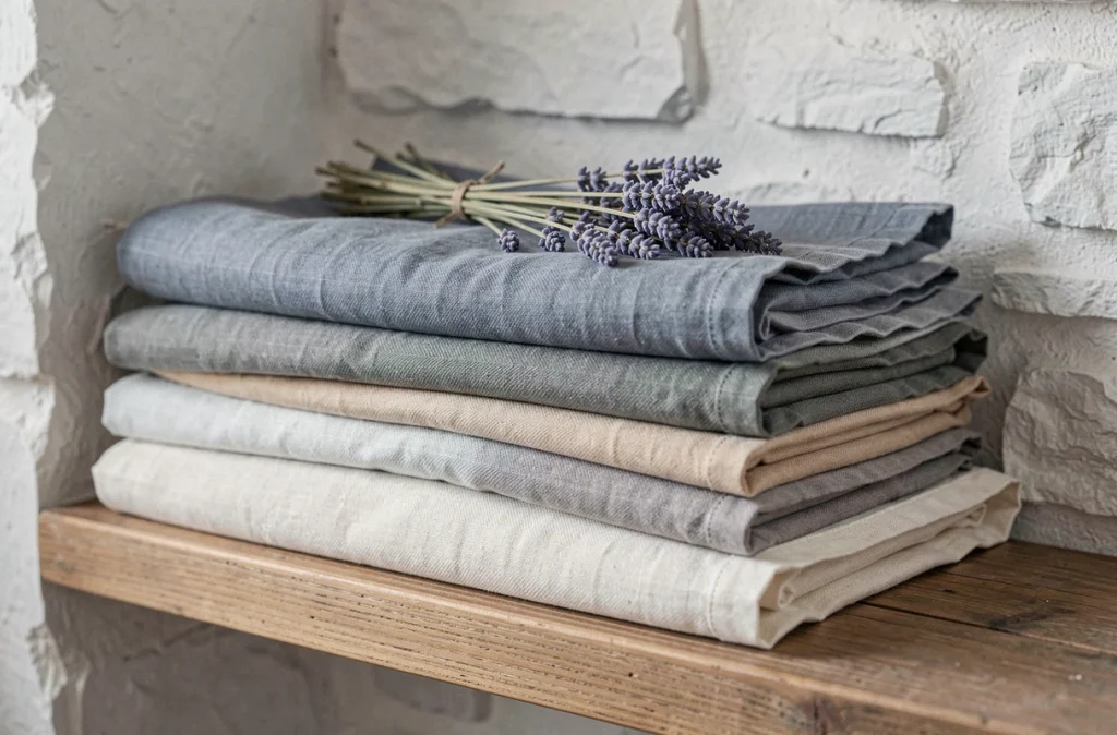 Pile de draps en lin français soigneusement pliés sur une étagère en bois dans une alcôve aux murs en pierre blanchie, tons apaisants de bleu ardoise et d'écru
