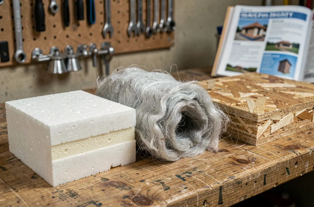 Échantillons de matériaux isolants pour combles disposés sur un établi : polystyrène, laine de roche, fibre de bois et mousse polyuréthane