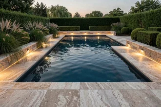 Piscine extérieure moderne éclairée au crépuscule avec des spots LED encastrés dans la margelle et reflets lumineux sur l'eau
