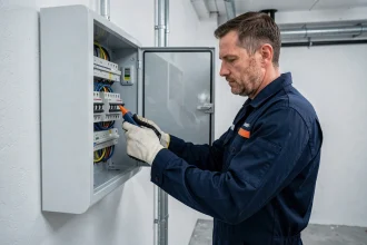 Électricien professionnel inspectant un tableau électrique moderne dans une maison résidentielle
