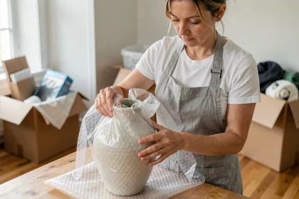 Femme emballant un vase en céramique dans du papier bulle pour un déménagement sécurisé