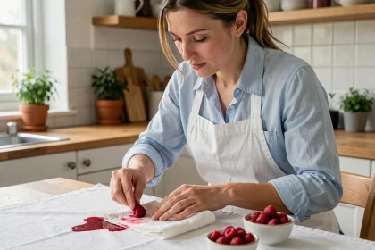 Femme éliminant une tache de framboise sur une nappe blanche avec un remède naturel dans une cuisine familiale