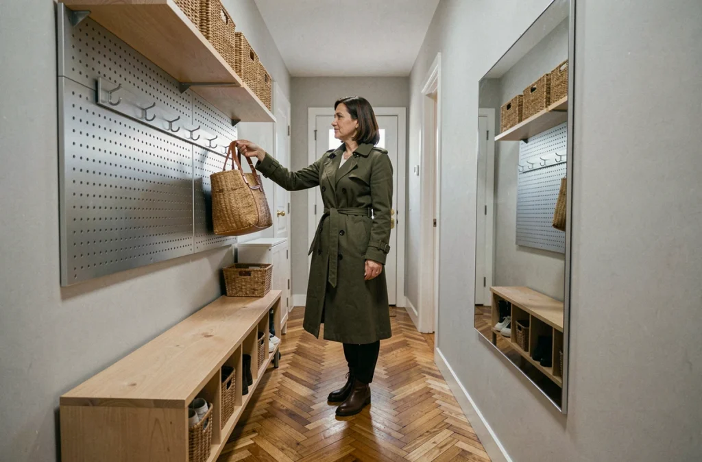 Femme rangeant ses affaires dans une entrée d'appartement étroit optimisée avec pegboard, étagères flottantes et banc à cubbies