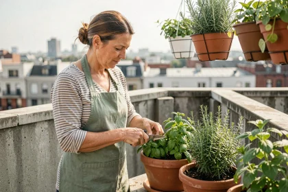 Femme entretenant des herbes aromatiques en pots sur un balcon urbain avec des ciseaux de jardinage