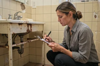 Femme en train d'évaluer l'état d'une salle de bain avant rénovation, prenant des notes sur un presse-papiers
