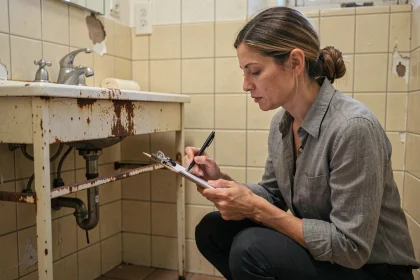 Femme en train d'évaluer l'état d'une salle de bain avant rénovation, prenant des notes sur un presse-papiers