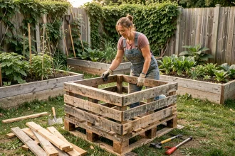 Femme assemblant un composteur en palettes de bois recyclées dans un jardin potager
