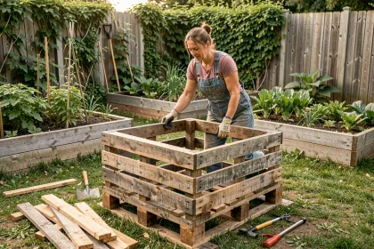 Femme assemblant un composteur en palettes de bois recyclées dans un jardin potager
