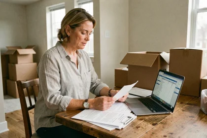 Femme consultant des documents d'assurance habitation après un déménagement dans un appartement avec cartons non déballés