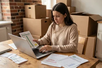 Femme consultant un budget de déménagement sur ordinateur portable entourée de cartons et de documents