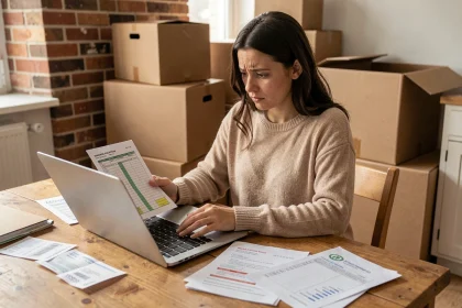 Femme consultant un budget de déménagement sur ordinateur portable entourée de cartons et de documents