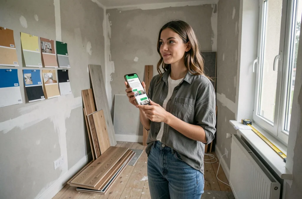 Jeune femme belge utilisant un site de devis rénovation sur smartphone dans son salon en travaux