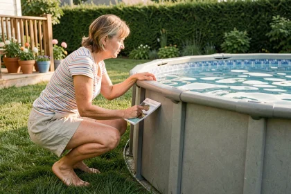 Femme examinant une piscine hors-sol ronde dans un jardin résidentiel avant l'achat