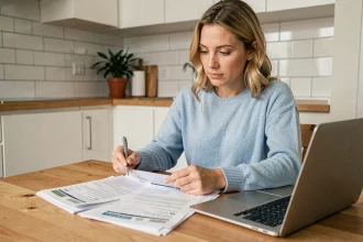 Femme organisant ses contrats d'énergie et documents de déménagement sur une table de cuisine moderne